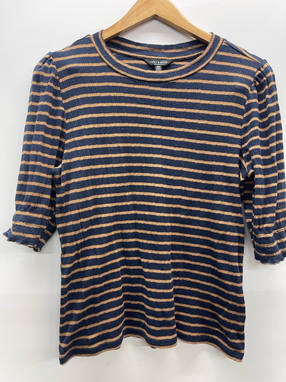 Lucky Brand‎ Navy and Tan Striped Ribbed Short Sleeve Top